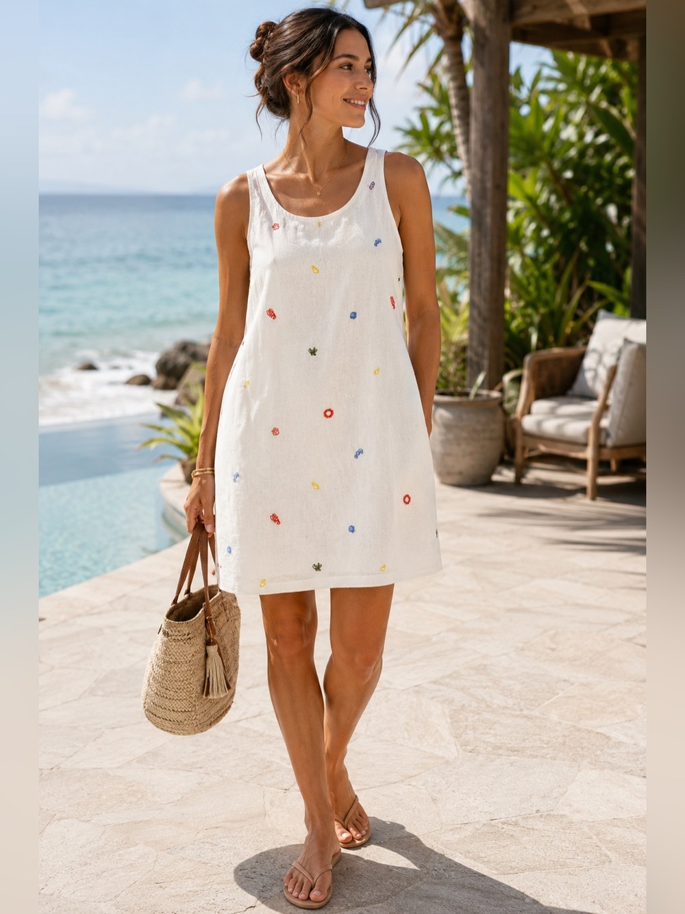 C&C California Embroidered Linen Blend Shift Dress White Coastal Resort Small